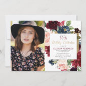 Invitation Burgunch rose rousse or floral photo d'anniversair (Devant)