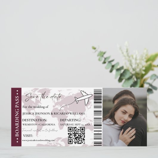 Invitation Burgund Boarding pass mariage enregistrer la date  (Debout devant)