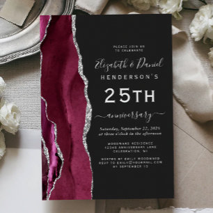 Invitation Burgundy Agate Argent Foncé 25e Anniversaire