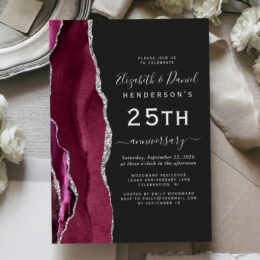 Invitation Burgundy Agate Silver Dark 25th Anniversary