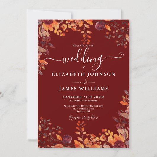 Invitation Burgundy All In One Autumn Fall Floral Wedding (Devant)