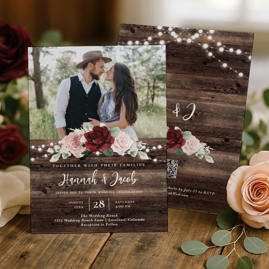 Invitation Burgundy and Blush Floral QR Code Rustic Wedding