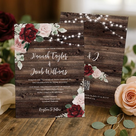 Invitation Burgundy and Blush Pink Floral Rustic Wedding