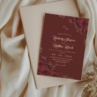 Invitation Burgundy and Gold Rose Floral Boho Wedding Invitat