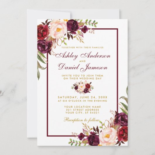Invitation Burgundy Aquarelle Floral Gold Wedding Inviter BF (Devant)
