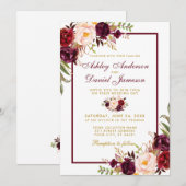 Invitation Burgundy Aquarelle Floral Gold Wedding Inviter BF (Devant / Derrière)