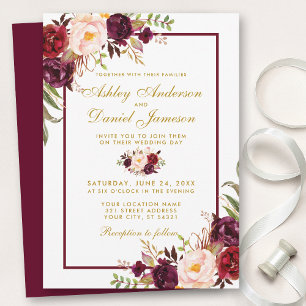 Invitation Burgundy Aquarelle Floral Gold Wedding Inviter BGB