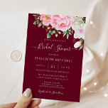 Invitation Burgundy Aquarelle Floral Peony Fête des mariées<br><div class="desc">Une élégante invitation à la douche nuptiale fleurie avec des fleurs d'aquarelle rose et une calligraphie manuscrite moderne sur un arrière - plan rouge bordeaux.</div>