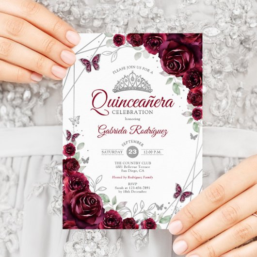 Invitation Burgundy Aquarelle Florale Quinceanera