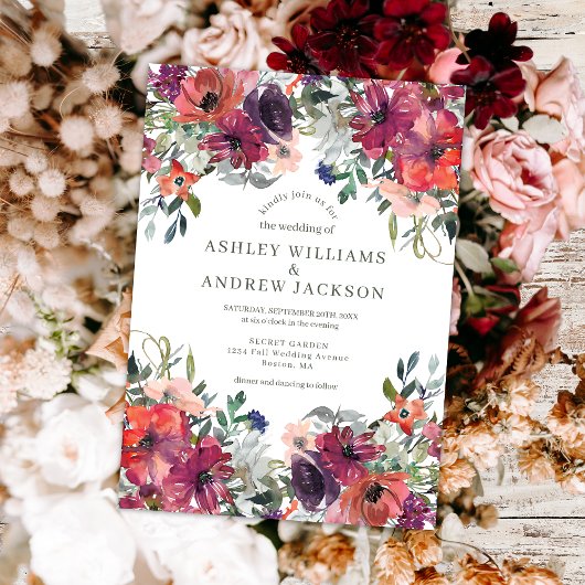Invitation Burgundy Aquarelle Florale Rustique Jardin Mariage
