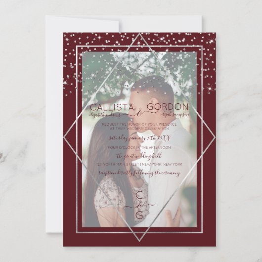 Invitation Burgundy Argent Confetti Geo Mariage photo frontiè (Devant)