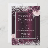 Invitation Burgundy argent floral élégant luxe mariage (Devant)