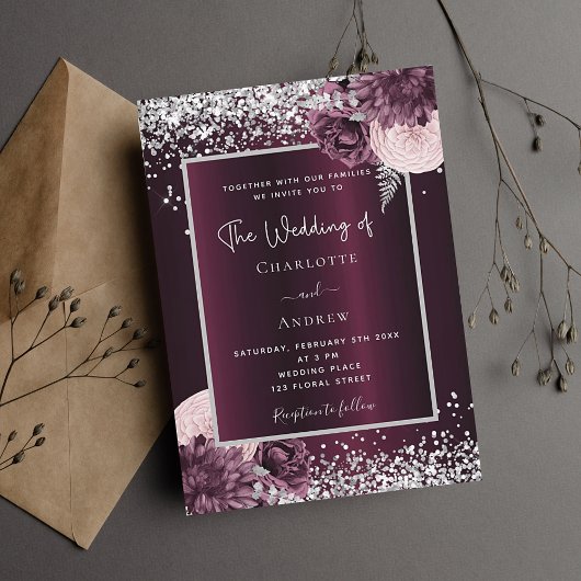 Invitation Burgundy argent floral élégant luxe mariage