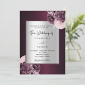 Invitation Burgundy argent floral élégant mariage (Debout devant)