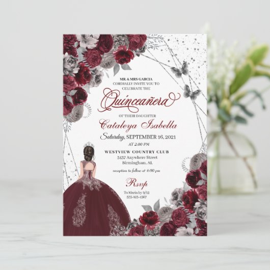 Invitation Burgundy Argent Parties scintillant papillon Quinc (Debout devant)