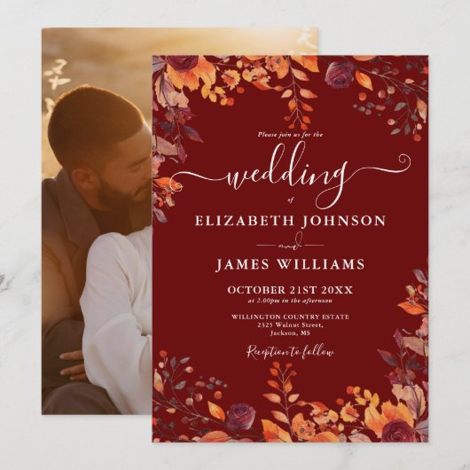 Invitation Burgundy Autumn Fall Floral Photo Wedding (Devant / Derrière)