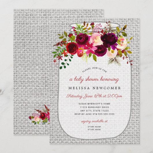 Invitation Burgundy baby shower de bocal de mason floral (Devant / Derrière)