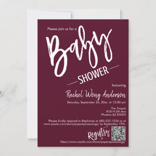 Invitation Burgundy Baby shower de script minimal QR Code pho (Devant)