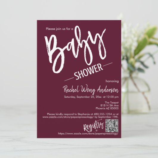 Invitation Burgundy Baby shower de script minimal QR Code pho (Debout devant)