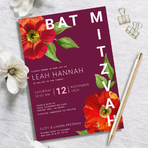 Invitation Burgundy Bat Mitzvah Floral Aquarelle Moderne