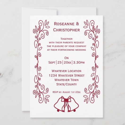 Invitation Burgundy Bells Scrollwork Design Mariage (Devant)