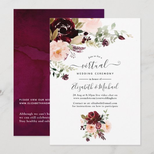 Invitation Burgundy Berry et Blush Floral Mariage virtuel (Devant / Derrière)