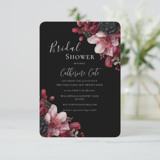 Invitation Burgundy & Black Elegant Floral Bridal (Debout devant)