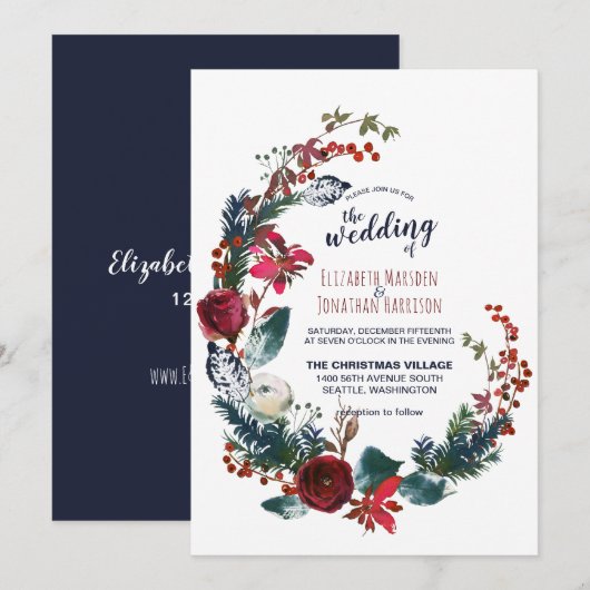 Invitation Burgundy Bleu Floral Noël Mariage de verdure (Devant / Derrière)