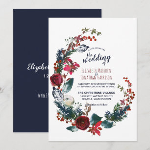 Invitation Burgundy Bleu Floral Noël Mariage de verdure