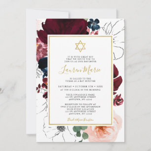 Invitation Burgundy Bleu Nuit Floral Bat Mitzvah