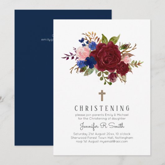 Invitation Burgundy Bleu rose floral enchanté (Devant / Derrière)