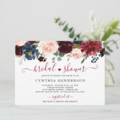 Invitation Burgundy Bloom Floral Navy Fête des mariées bleue (Debout devant)
