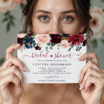 Invitation Burgundy Bloom Floral Navy Fête des mariées bleue<br><div class="desc">*** Voir Objets correspondants : https://zazzle.com/collections/119409135726966222 **** ||| Invitation à la douche nuptiale Bleue de la marine bourguignonne Florale de Bourgogne. (1) Pour plus de personnalisation, cliquez sur le lien "customiser plus loin" et utilisez notre outil de conception pour modifier ce modèle. (2) Si vous préférez les papiers plus épais...</div>