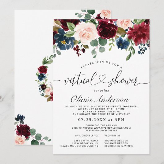 Invitation Burgundy Blue Blush Flowers Fête des mariées virtu (Devant / Derrière)