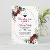 Invitation Burgundy Blue Floral Geometry Graduation Party (Debout devant)
