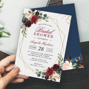 Invitation Burgundy Blue Floral Gold Fête des mariées géométr