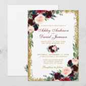 Invitation Burgundy Blue Floral Gold Parties scintillant Mari (Devant / Derrière)
