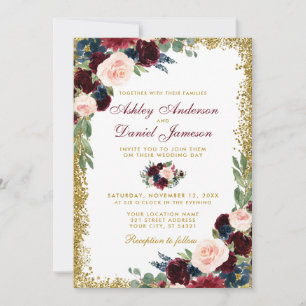 Invitation Burgundy Blue Floral Gold Parties scintillant Mari