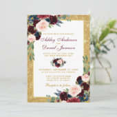 Invitation Burgundy Blue Floral Gold Parties scintillant Mari (Debout devant)
