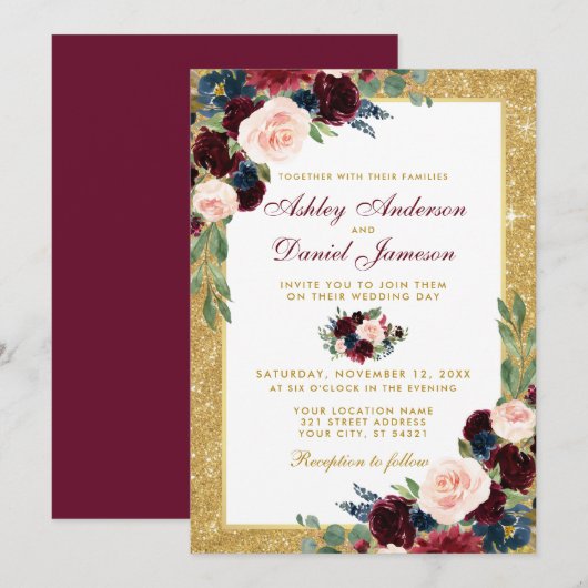 Invitation Burgundy Blue Floral Gold Parties scintillant Mari (Devant / Derrière)
