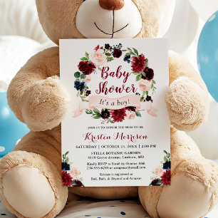 Invitation Burgundy Blue Floral Wreath Ribbon Baby shower