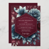 Invitation Burgundy & Blue Moody Bloom Wedding (Devant / Derrière)