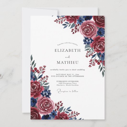 Invitation Burgundy Blue Painterly Bloom Wedding (Devant)