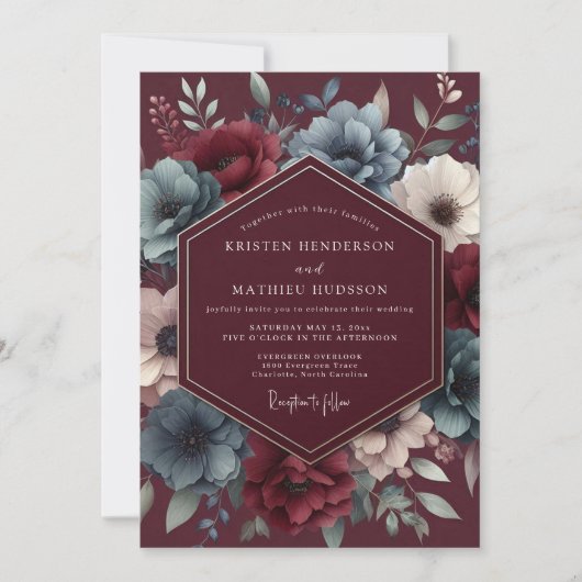 Invitation Burgundy & Blue Shadowy Bloom Wedding (Devant)