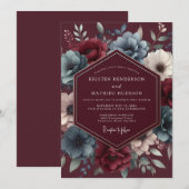 Invitation Burgundy & Blue Shadowy Bloom Wedding (Devant / Derrière)