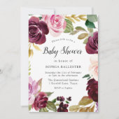 Invitation Burgundy Blush Aquarelle Baby shower Floral (Devant)