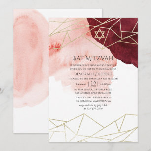 Invitation Burgundy Blush Aquarelle Bat Mitzvah Géométrique