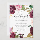 Invitation Burgundy Blush Aquarelle Fleurs Mariage élégant (Devant)