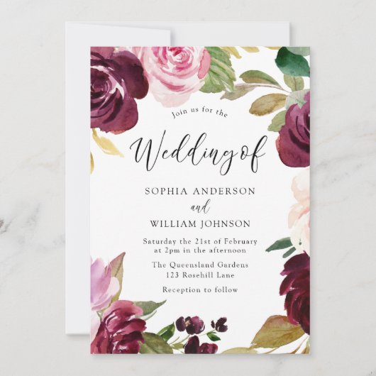 Invitation Burgundy Blush Aquarelle Fleurs Mariage élégant (Devant)