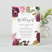 Invitation Burgundy Blush Aquarelle Fleurs Mariage élégant (Debout devant)